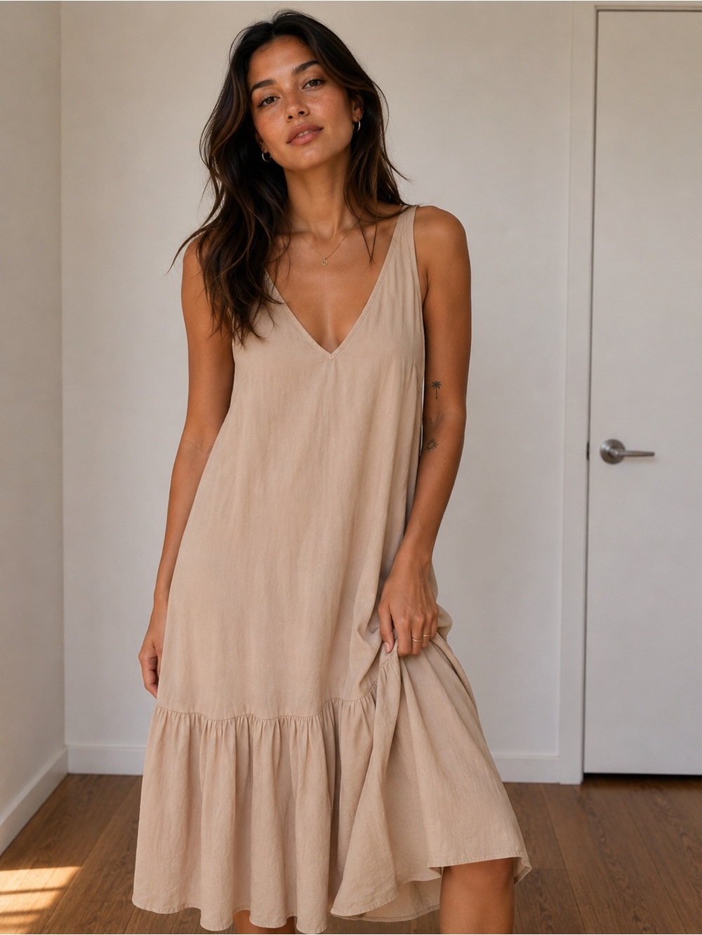H&M Tan Tiered Midi Dress – Size XS
